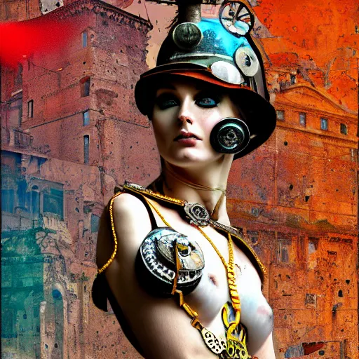 Prompt: steam punk roman foro italico, contemporary collage, highly detailed, digital painting, 4 k, hdr, punk, fashion, smooth, sharp focus, art by nick knight, sandra chevrier and john hoyland