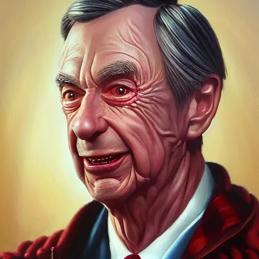 Prompt: hyper realistic portrait painting of evil mr. rogers as freddy krueger, painted by greg rutkowski, wlop, artgerm