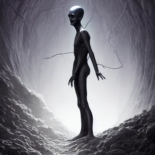 Prompt: photorealistic eldritch alien slenderman in the style of michael whelan and gustave dore. by greg rutkowski. hyperdetailed photorealism, 1 0 8 megapixels, amazing depth, high resolution, 3 d shading, 3 d finalrender, 3 d cinematic lighting, psychedelic overtones, artstation concept art.