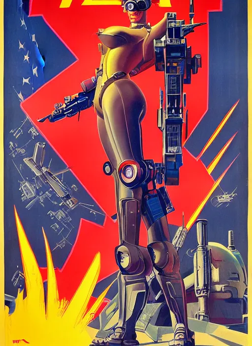 Prompt: american propaganda poster. cyberpunk mech pilot. portrait by jean giraud and anton otto fischer and john philip falter and will eisner and gil elvgren. realistic proportions. character art. science fiction d & d. tf 2, overwatch, rb 6 s, cyberpunk 2 0 7 7, blade runner 2 0 4 9.