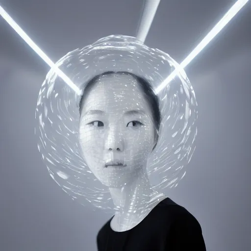 Prompt: A photograph of a young Korean woman, fluid liquid Voronoi structure chromium structure flying in all directions, metallic frame in zero-gravity, structured around head, light grey background, futuristic abstract photography