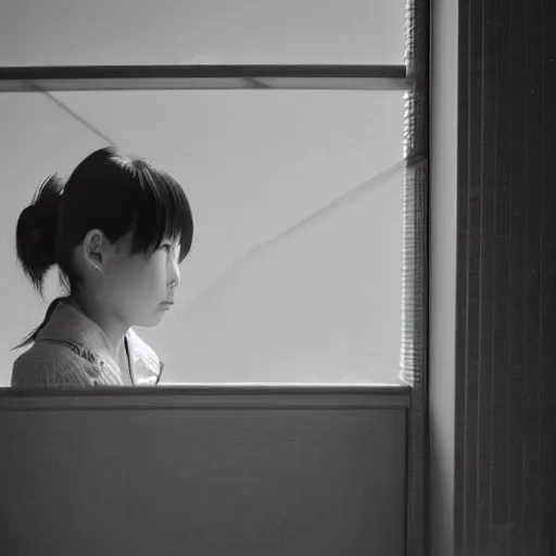 Prompt: photography girl looking at the window by hisaji hara