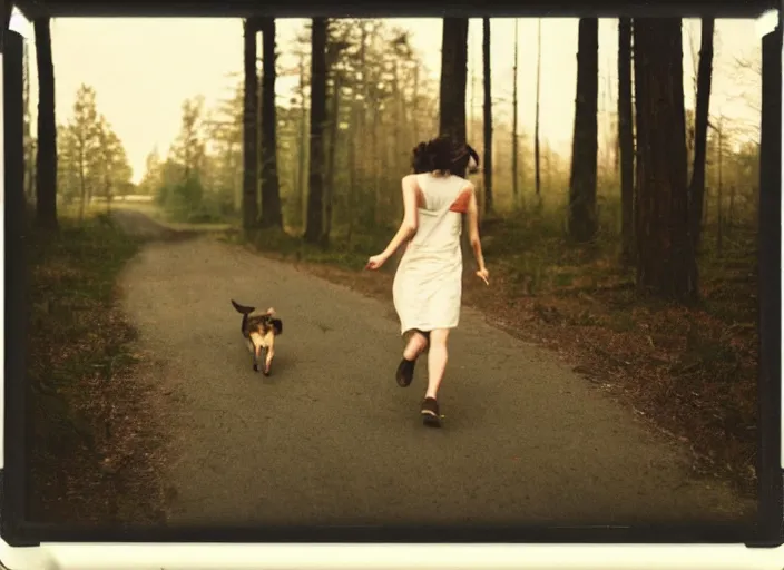 Image similar to medium shot, a young woman running towards the camera, a demon hound is chasing her, woods, polaroid photo, vintage, neutral colors, by gregory crewdson