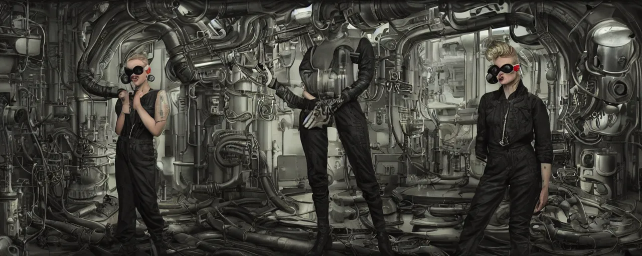 Image similar to illustration 3 / 4 portrait of tattooed stoic heroic emotionless butch blonde woman engineer with short slicked - back hair, wearing dark victorian goggles, working inside reactor room, awkward and uncomfortable and anxious, dirty, dynamic composition by ron cobb. industrial space program, scifi, hyper detailed. octane render. concept art. trending on artstation