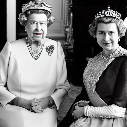 Image similar to A portrait photo of queen elizabeth teams up with a teenage queen elizabeth, perfect faces, 50 mm, award winning photography