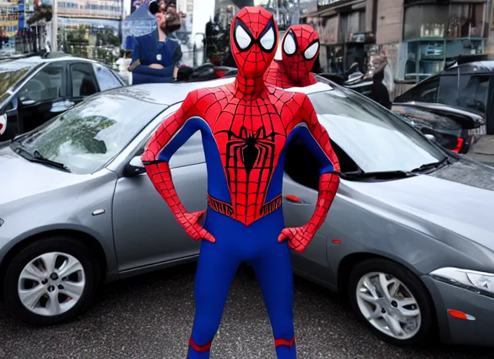 Prompt: spiderman stand next to opel sedan