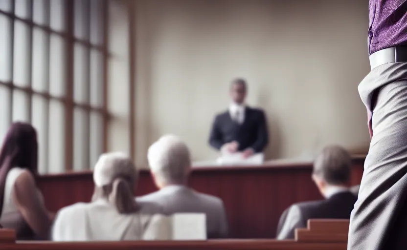 Prompt: portrait a beautiful a man in a skirt in a courtroom, no blur, 4 k resolution, ultra detailed