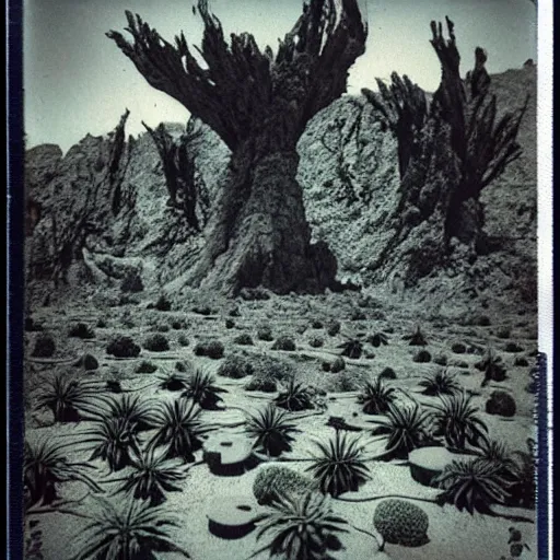 Prompt: a strange, otherworldly landscape, with eerie, alien - looking plants and creatures. scary, grotesque, old photo, polaroid