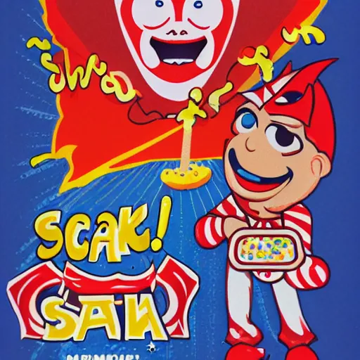 Prompt: A cereal box with Satan as the mascot.