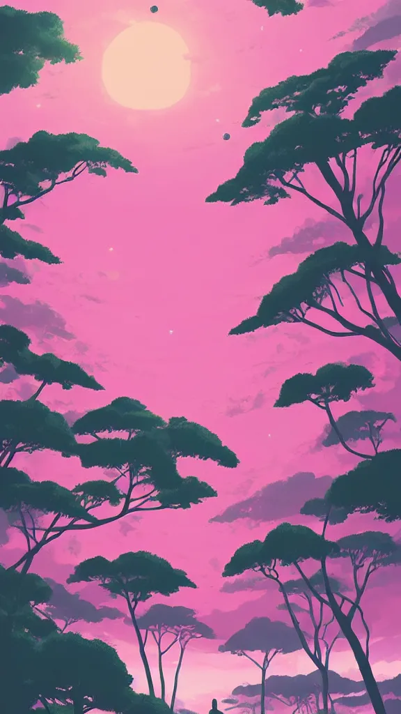 Prompt: beautiful pink ocean horizon view on a lush tropical alien planet, clear sky, massive planet in space over the horizon, rule of thirds, trending on artstation, digital art by hayao miyazaki, studio ghibli style