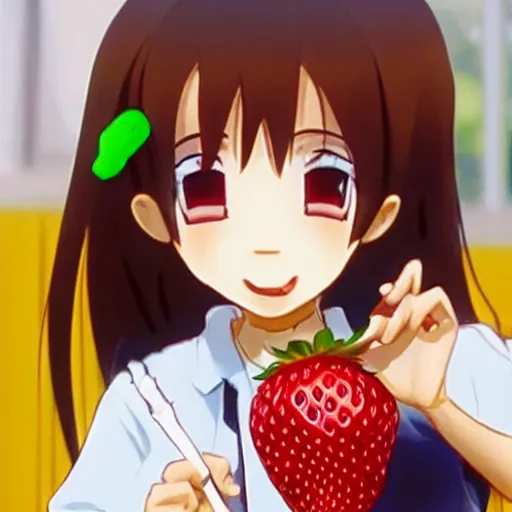 Image similar to a cute strawberry with two front teeth, holding a yellow toothbrush, in the style of shinji aramaki