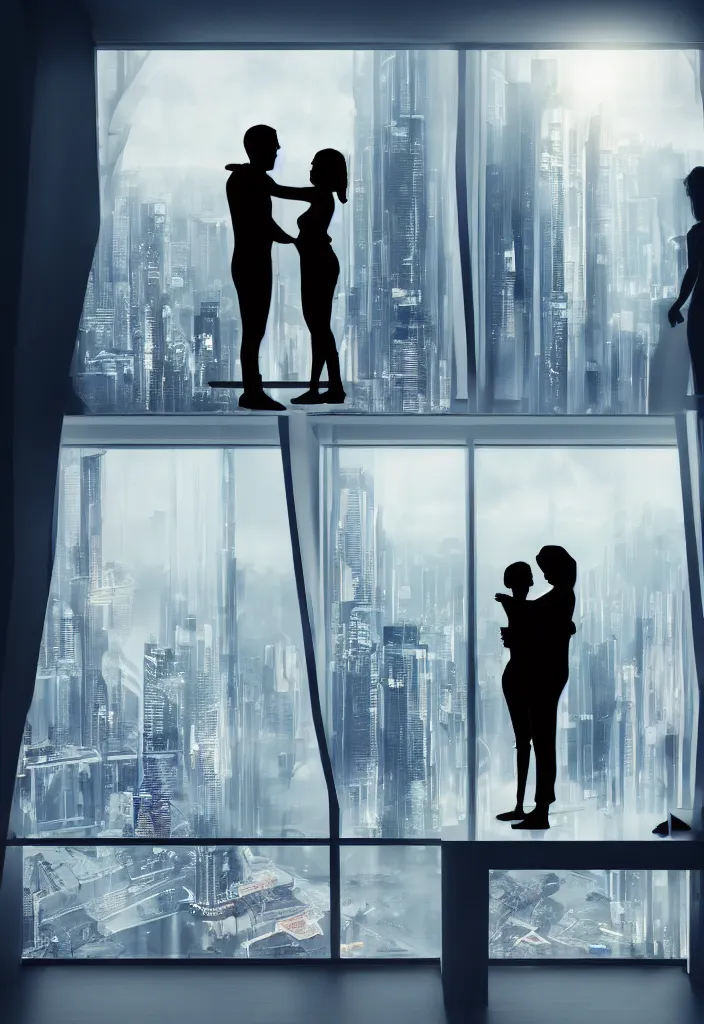 Image similar to silhouette of hugging couple in a futuristic appartment, window with a futuristic city, rossdraws, global illumination, radiant light, detailed and intricate environment