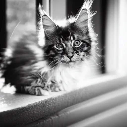 Image similar to view from the back of a backlit maine coon kitten gazing out a sunny window on a warm day. outside there are pretty flowers. 3 5 mm, f / 1 1. 0, is 1 0 0