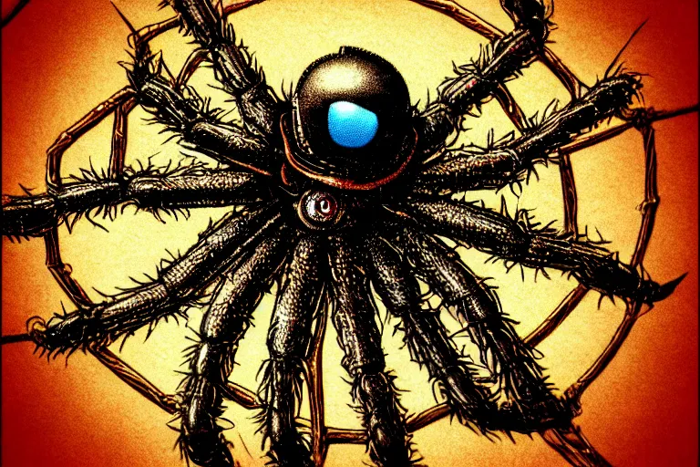 Image similar to steampunk spider!, in the style of denitza _ art, trending on artstation, halfrear lighting closeup view anaglyph filter, bokeh, anime, comic book art