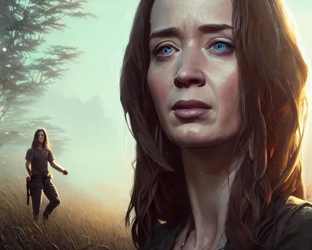 Image similar to highly detailed portrait of emily blunt, in the walking dead, stephen bliss, unreal engine, fantasy art by greg rutkowski, loish, rhads, ferdinand knab, makoto shinkai and lois van baarle, ilya kuvshinov, rossdraws, tom bagshaw, global illumination, radiant light, detailed and intricate environment