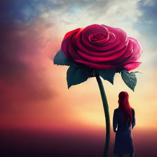 Prompt: closeup, huge rose flower head, frontal, a girl in a suit, surreal photography, sunrise, dramatic light, impressionist painting, digital painting, artstation, simon stalenhag