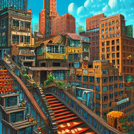 Prompt: a painting of a bunch of buildings with stairs, a detailed matte painting by dan mumford, deviantart contest winner, maximalism, 2 d game art, detailed painting, physically based rendering