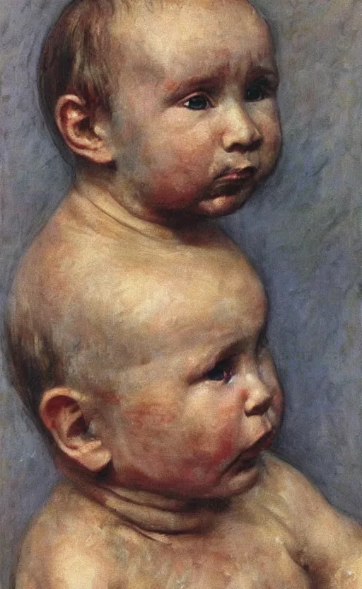 Image similar to Putin as a baby eating used up diapers covered in brown substance, Putin portrait, face of fear, ugly body painted by Lucian Freud, Ilya Repin