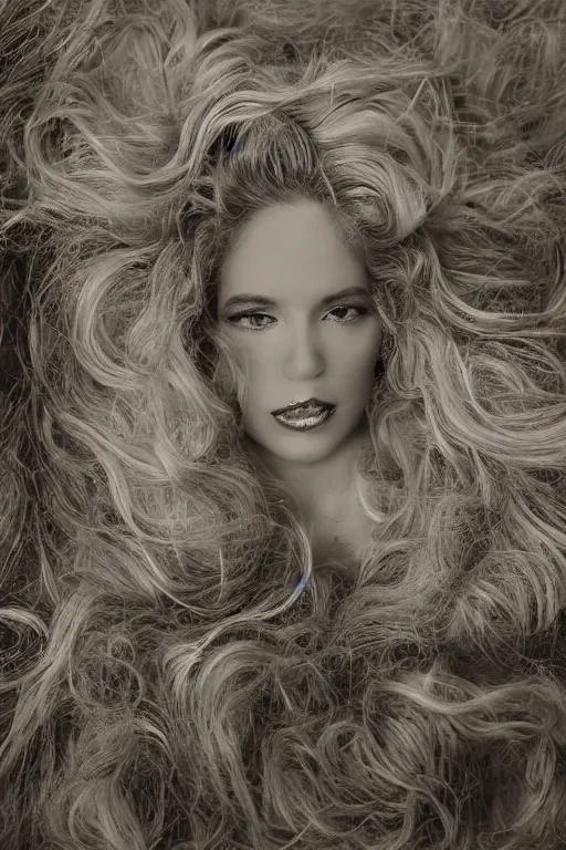 Prompt: stunning award - winning herb ritts portrait of a beautiful blonde woman. long curly shiny glossy hair. old hollywood makeup. vintage glamour. glossy dark lips. supermodel. high fashion black and white photography. vogue. nikon 5 0 mm f / 1. 6