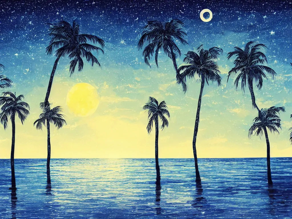 Image similar to night on a summer miami city beach, palm trees, footprints in the sand, full moon reflected in the calm ocean, starry sky 8 k, ultra detailed, trending on artstation, digital painting