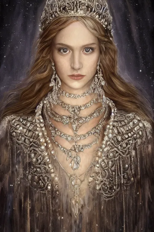 Image similar to full - body - portrait of a beautiful stunning peaceful majestic ice queen wearing intricate jewelry, oil on canvas, baroque style, perfect symmetrical face, mood lighting, ornate and elegant, winter, philosophical, dreamlike, ethereal, painterly, 🌚, digital art, detailed, trending on artstation