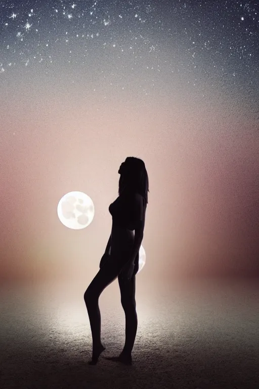 Image similar to the beauty girl standing under a full bright moon, in the evening, cosy environment, back to face, simple and fresh style, dark tones