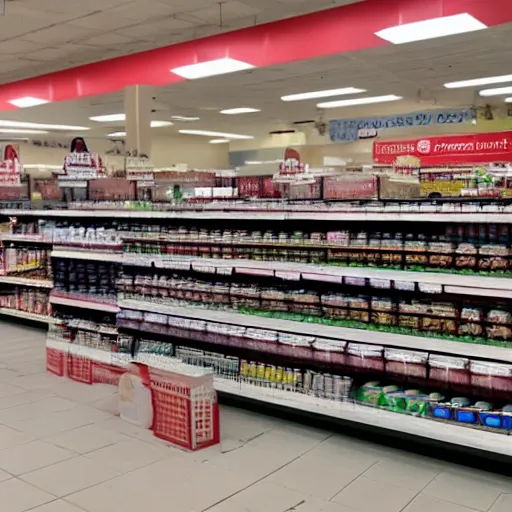 Image similar to empty grocery store, blurry shadow figure cashier, red eyes