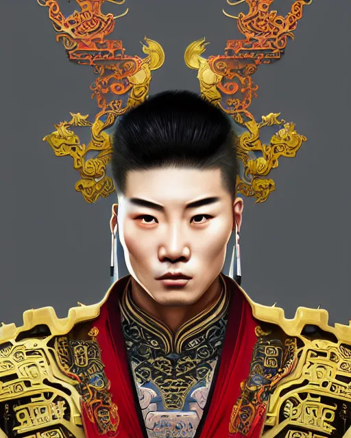 Image similar to portrait of a chinese masculine male cyberpunk machine, machine face, upper half portrait, decorated with chinese opera motifs, muscular, asian, fine china, wuxia, traditional chinese art intricate intense elegant 京 剧 highly detailed symmetry headpiece digital painting artstation concept art smooth sharp focus illustration, art by artgerm and greg rutkowski alphonse mucha 8 k