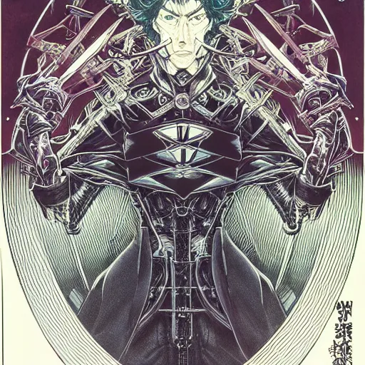 Image similar to portrait of dark wizard, symmetrical, by yoichi hatakenaka, masamune shirow, josan gonzales and dan mumford, ayami kojima, takato yamamoto, barclay shaw, karol bak, yukito kishiro