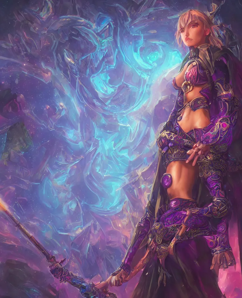 Image similar to concept art of dark magician girl, intricate details, colourful, atmospheric light, omnious cosmic city on the background, dark fantasy, full body, ultra realistic details, detailed face, artstation, only one character, symmetrical, by małgorzata kmiec