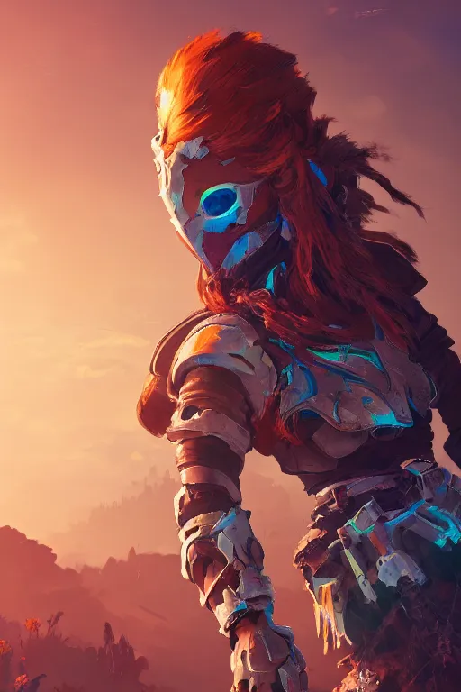 Image similar to combination suit armor aloy horizon forbidden west horizon zero dawn radiating a glowing aura global illumination ray tracing hdr fanart arstation by ian pesty and alena aenami artworks in 4 k tribal robot ninja mask helmet backpack