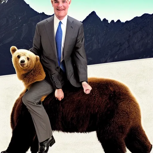 Image similar to photo of jerome powell riding on top of a bear, epic pose