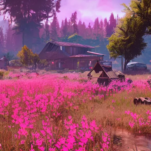 Prompt: a landscape of farcry new dawn pink flowers , photorealistic, trending on artstation, wallpaper