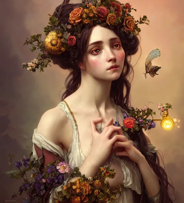 Image similar to baroque portrait of a steampunk bohemian nature nymph in a simple dress with floral decoration, cinematic lighting, photorealistic, octane render, 8 k, depth of field, 3 d, art by artgerm and greg rutkowski and alphonse mucha and uang guangjian