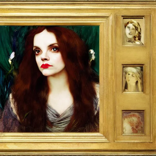 Image similar to portrait of a hybrid of a hybrid of judy garland and lady gaga and christina ricci, with downward slanting eyes, with a brown fringe, holman hunt, john william waterhouse, kilian eng, rosetti, john everett millais, william holman hunt, 4 k