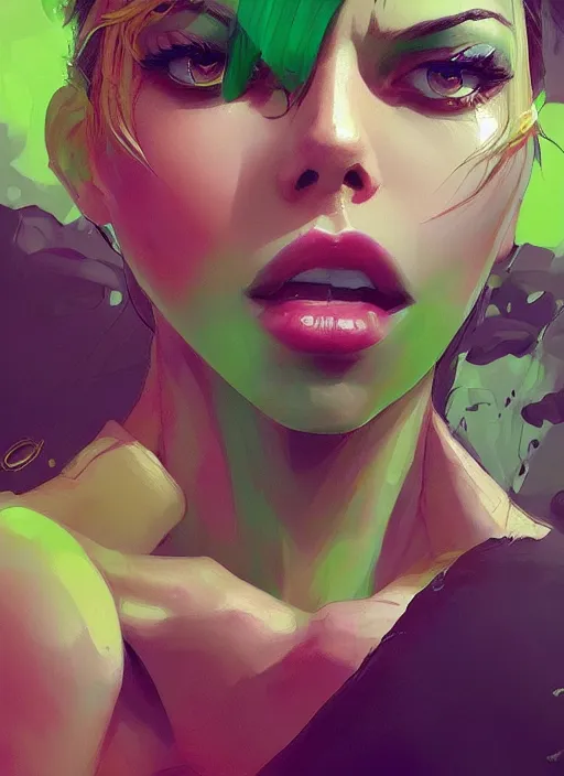 Image similar to a beautiful woman with green weyes lookign directly at the camera, bright colors, highly detailed, concept art, matte, trending on artstation, anime, art by wlop and artgerm and greg rutkowski, ilya kuvshinov, strong strokes,