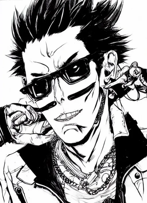 Image similar to travis touchdown, by takehiko inoue and kim jung gi, masterpiece ink illustration, perfect face and anatomy!