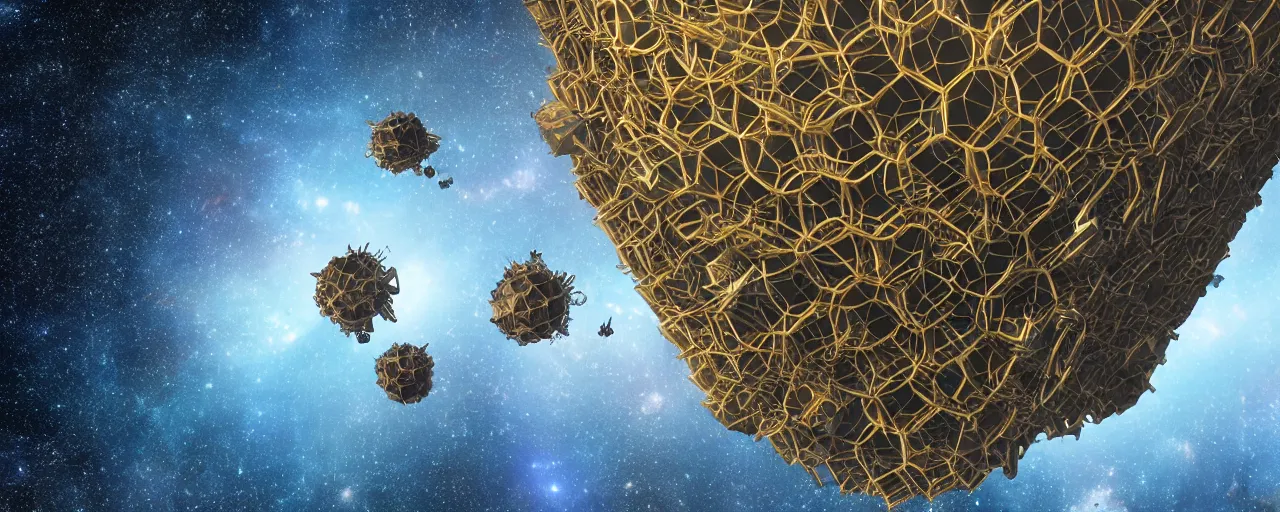 Image similar to movie still, wasp hive megastructure in space, unreal engine, octane render, detailed and intricate, global illumination, volumetric lighting, hubble telescope images, james webb telescope images, houdini fluid simulation, detailed and intricate environment