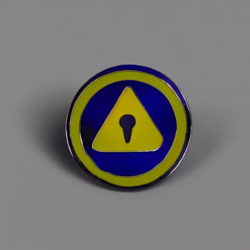 Prompt: a diamond enamel pin depicting a caution label, smooth curves