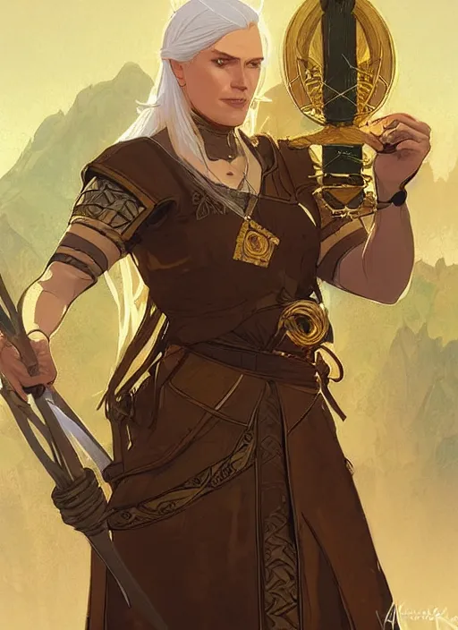 Prompt: concept art of a beautiful gold haired female healer. witcher 3 character design by laurie greasley and sherree valentine daines concept art, matte, sharp focus, illustration, hearthstone, art by artgerm and greg rutkowski and alphonse mucha