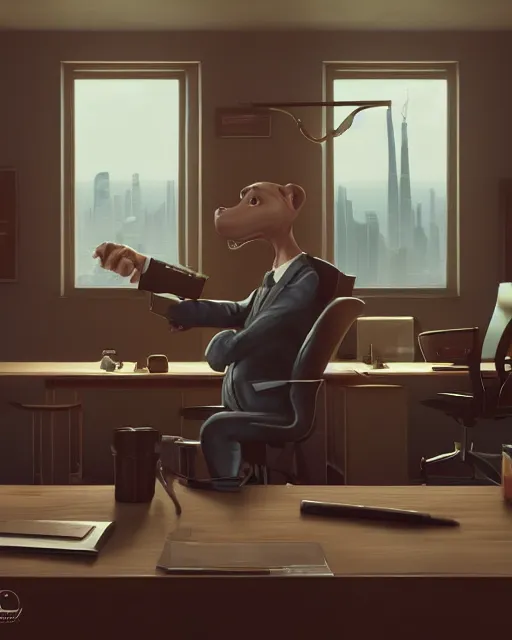 Prompt: artstation scifi scene of a weasel in suits drinking tea ， in a shabby lawyer office, wooden furnitures summer unreal engine 5, hyper realism, realistic shading, cinematic composition, blender render, octane render, hdr, detailed textures, photorealistic, wide shot