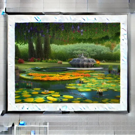 Image similar to Matte painting of a serene landscape of a garden filled with vivid coloured flowers and lush fruit trees, water lily and narcissus above pond melted into starry summer by Nicolas Party trending on artstation