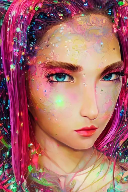 Image similar to An extremely beautiful neon-noir kawaii highly detailed HD realistic cute decora portrait of a young attractive woman with a silky bio-luminiscent holographic dress, neo-cyberpunk, professionally painted digital art illustration, smooth, sharp focus, atmospheric lighting, highly detailed illustration highlights, golden ratio, symmetrical facial features, extremely detailed winning award masterpiece, very coherent symmetrical artwork, sense of awe, 8K post-processing, trending on artstation flawless, prismatic highlights, telephoto, depth of field, cinematic, macro, concept art, wepa digital, elegant, epic, octane render, v-ray, C4D