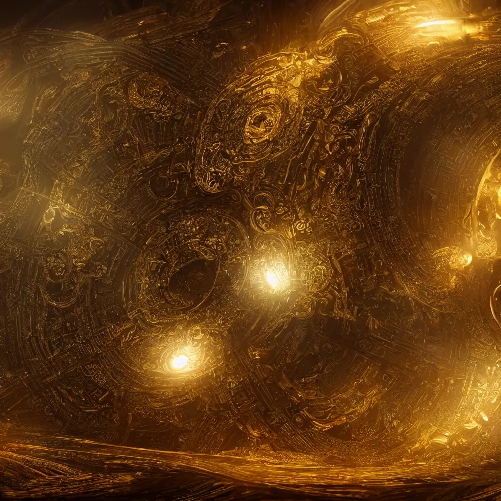 Image similar to digital time machine in latent space, sliver and gold mechanical fantasy, intricate, elegant, highly detailed, digital painting, concept art, smooth, sharp focus, illustration, divine realm of gods, realistic cinematic style, filmed in 70mm, volumetric lighting, octane render, photographic, concept art, artist Leonardo DaVinci, unreal engine 8k