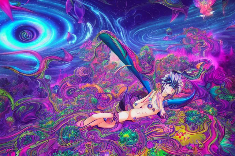 Image similar to a psychedelic realm at the edge of existence where intensely creative astral beings exist, in the style of WLOP, lisa frank, and masashi kishimoto, illustration, epic, fantasy, hyper detailed, smooth, unreal engine, sharp focus, ray tracing