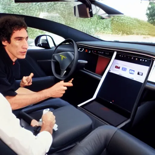 Prompt: photo of Ayrton Senna talking on smarthphone, driving a tesla