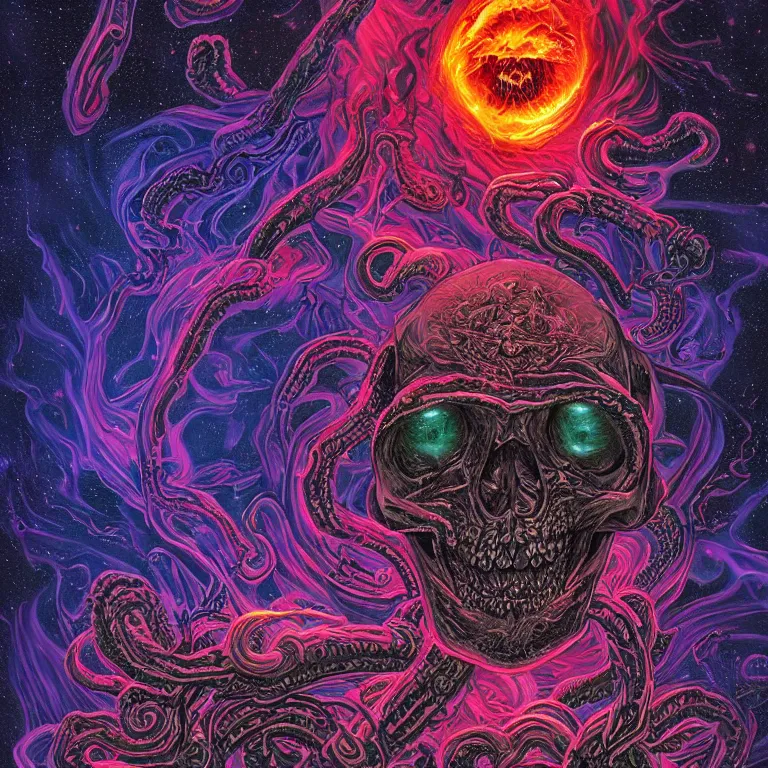 Image similar to a symmetrical composition of a giant skull with deep and intricate rune carvings and glowing eyes with thick lovecraftian tentacles emerging from a space nebula by dan mumford, twirling smoke trail, a twisting vortex of dying galaxies, digital art, vivid colors, highly detailed