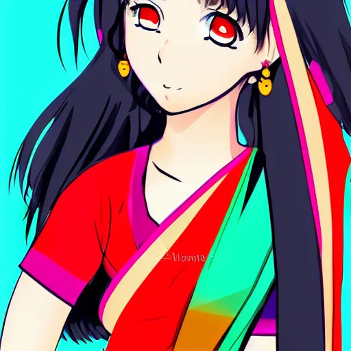 Prompt: illustration of a beautiful anime girl wearing saree