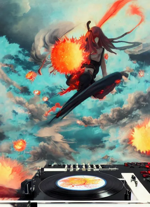 Prompt: surreal gouache painting, by yoshitaka amano, by ruan jia, by Conrad roset, by good smile company, detailed anime 3d render of a magical Dragonfly flying on a DJ Mixer and the sun exploding in the background, Vinyl deck, controller, portrait, cgsociety, artstation, rococo mechanical and Digital and electronic, dieselpunk atmosphere