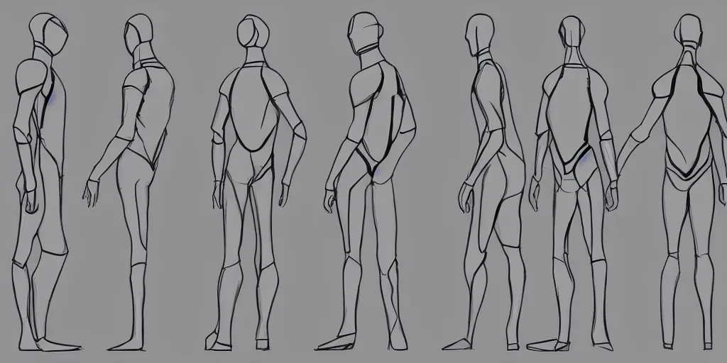 Image similar to male, elongated figure, space suit, minimalist sketch, large shoulders, short torso, long thin legs, tiny feet, character sheet, very stylized, concept design